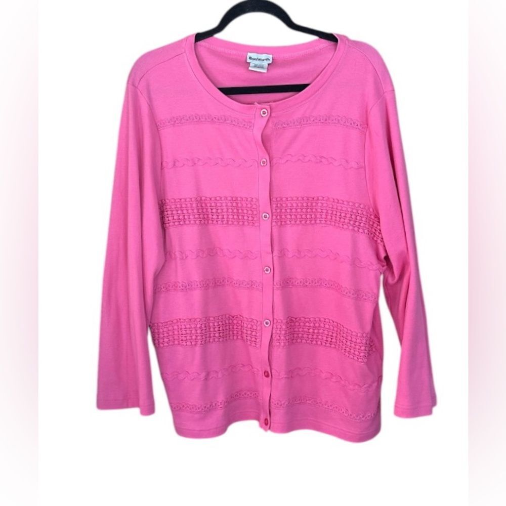 Vintage BonWorth Pink Button Cardigan w Fun, Feminine Detail. Size Large Petite